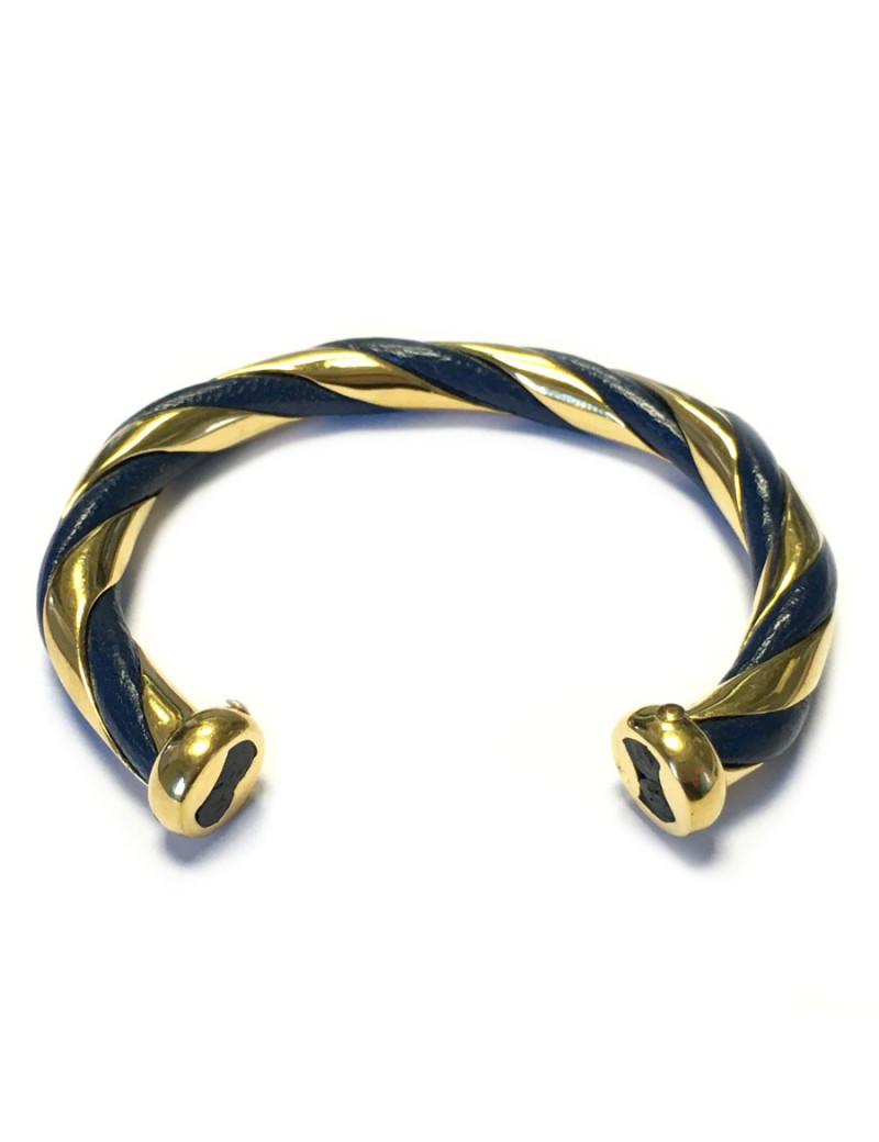 Bracelet twist HERMES blue leather and gilded metal