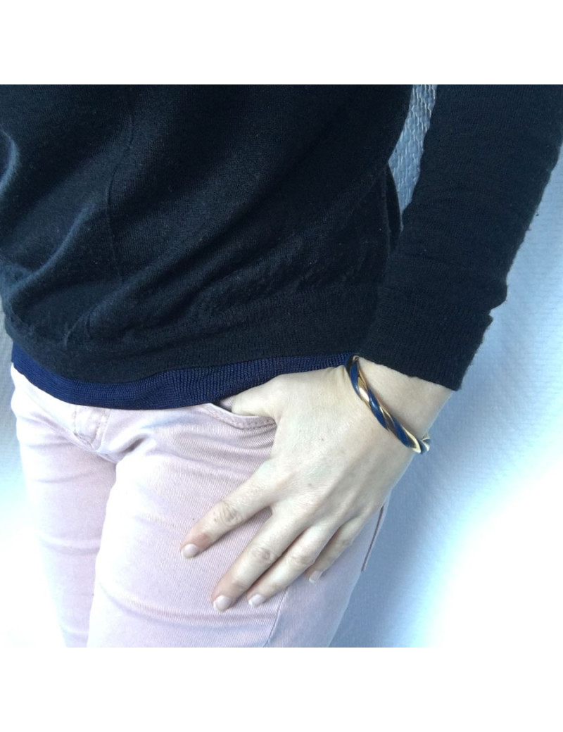 Bracelet twist HERMES blue leather and gilded metal