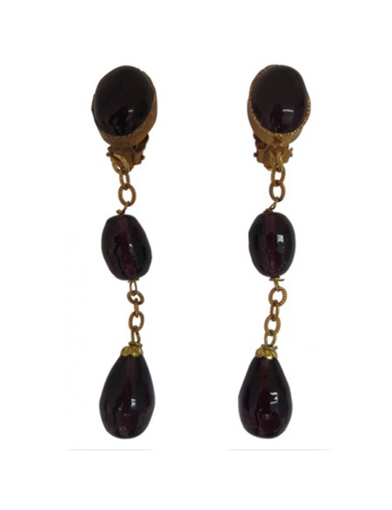 Boucles d'oreille clips pendants MARGUERITE DE VALOIS en pâte de verre émeraude et métal doré