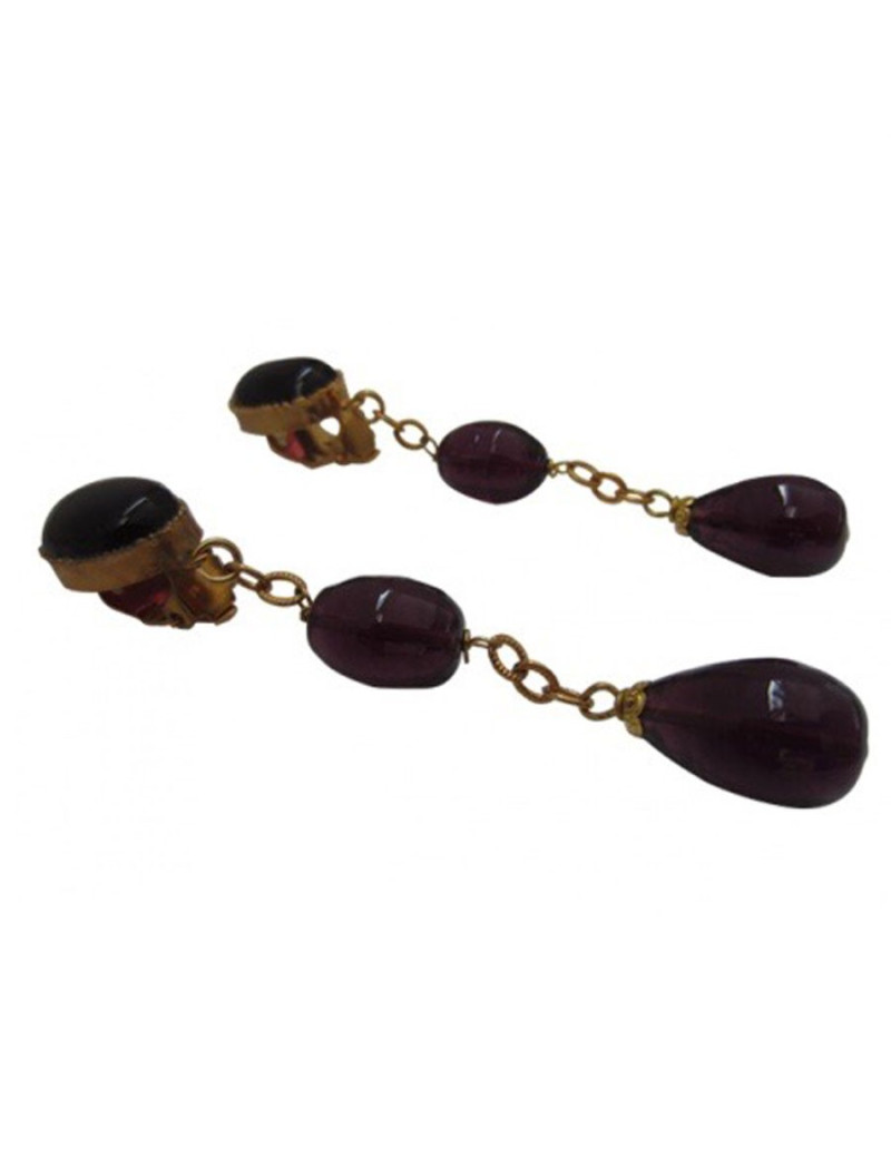 Boucles d'oreille clips pendants MARGUERITE DE VALOIS en pâte de verre émeraude et métal doré