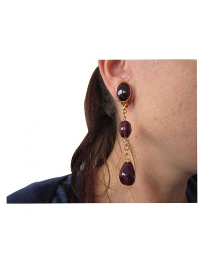 Earrings hanging clips MARGUERITE OF VALOIS in Amethyst glass and gold metal