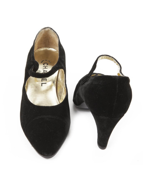 Escarpins Couture Chanel T38 velours de soie noir