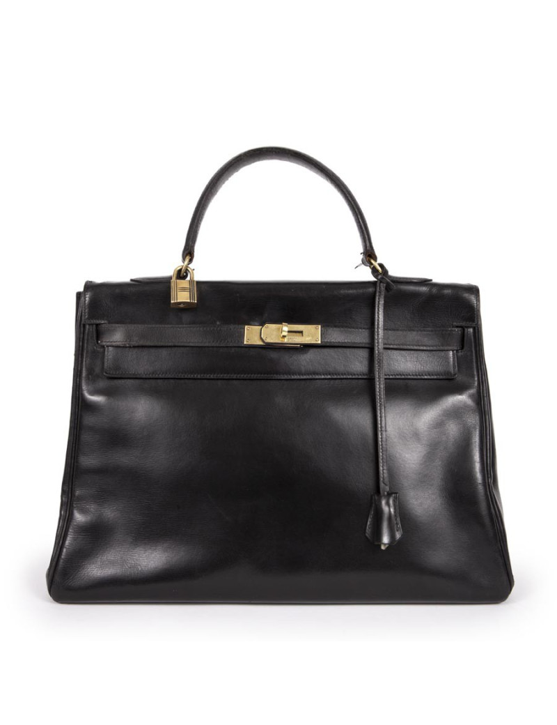 Sac Kelly HERMES en cuir box noir Vintage