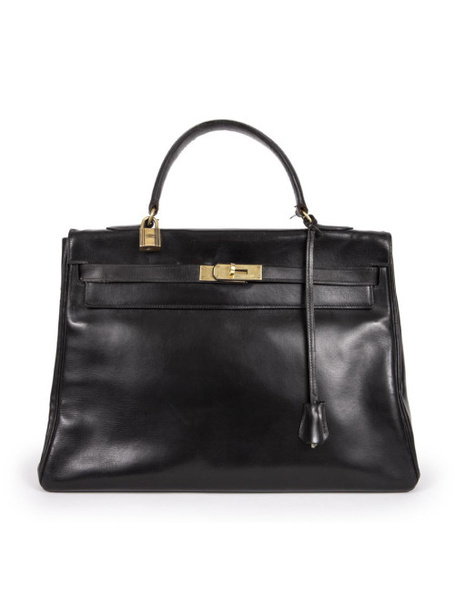 Sac Kelly HERMES en cuir box noir Vintage