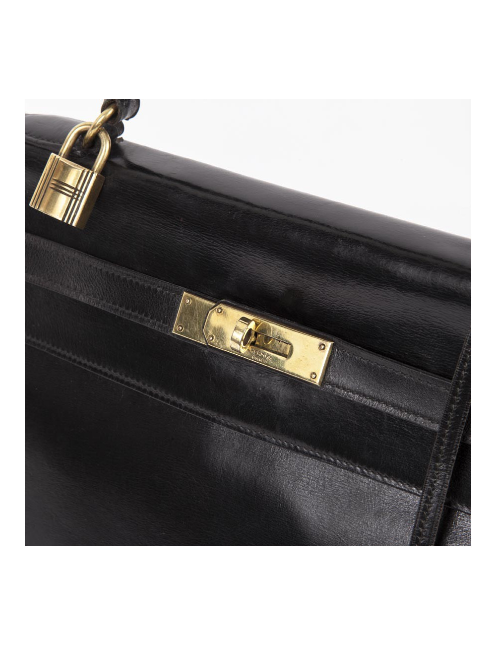 Sac Kelly HERMES en cuir box noir Vintage
