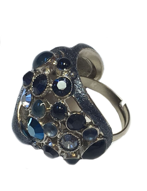 Bague CHANEL haute couture T51 en métal argenté strass et pierres bleues