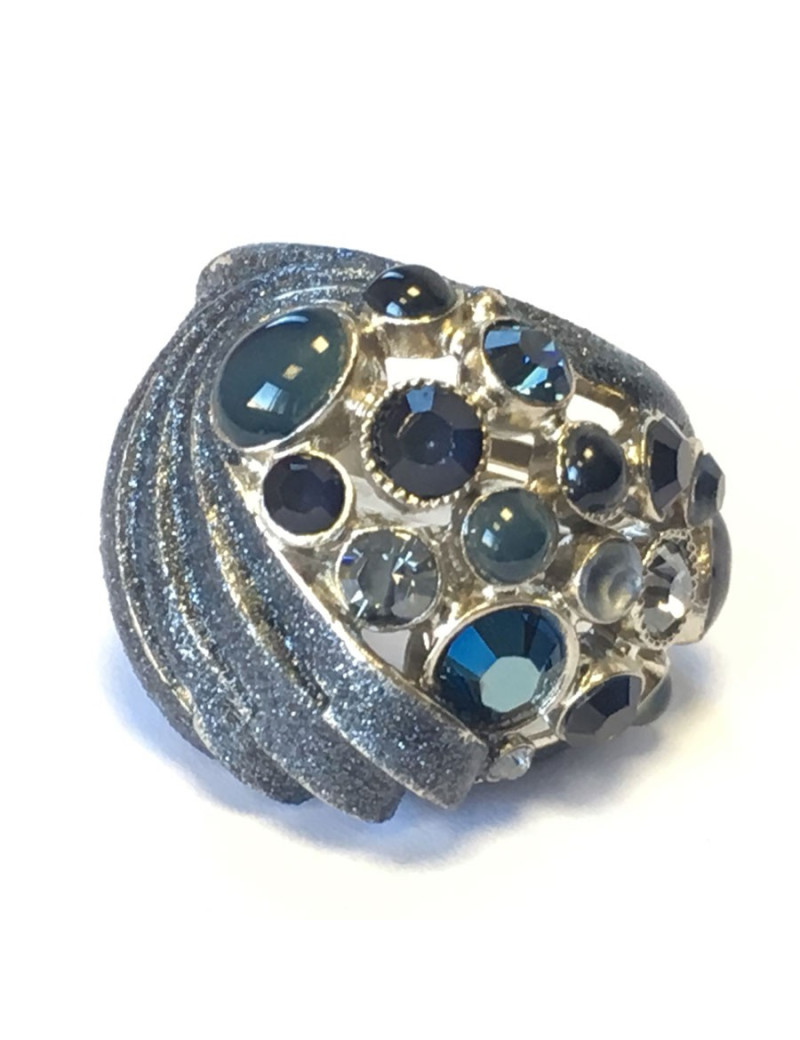 Ring CHANEL couture T51 metal silver rhinestones and blue stones