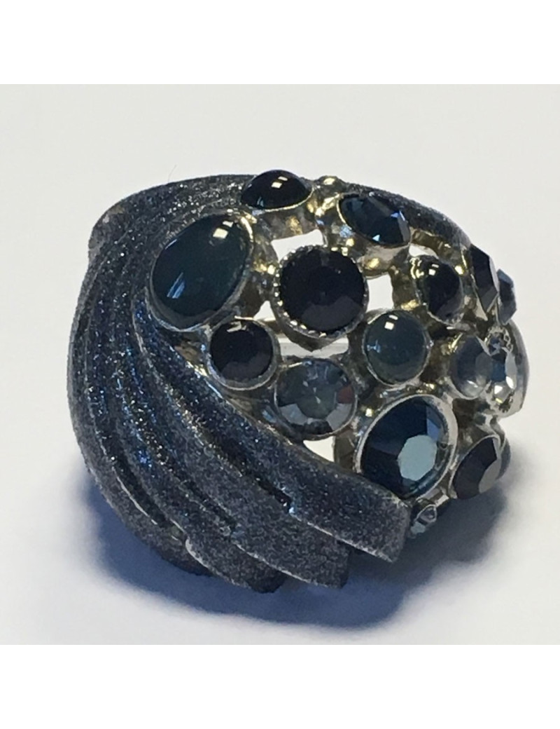 Ring CHANEL couture T51 metal silver rhinestones and blue stones