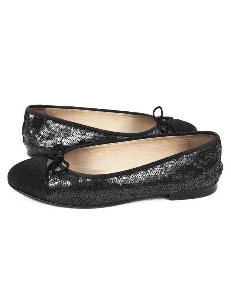 Ballerines CHANEL T 39.5 cuir et sequins noirs brillants
