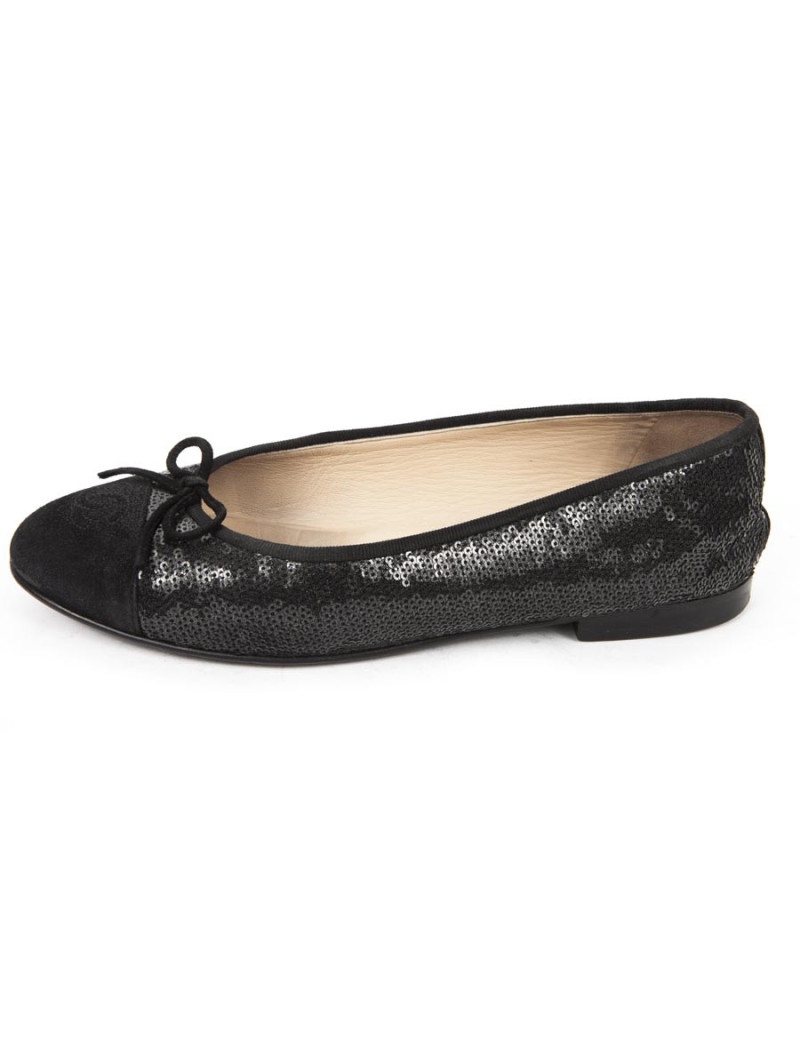 Ballerines CHANEL T 39.5 cuir et sequins noirs brillants