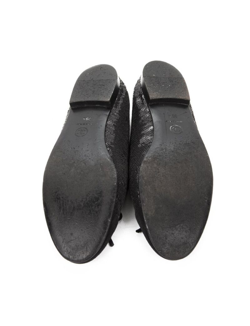 Ballerines CHANEL T 39.5 cuir et sequins noirs brillants