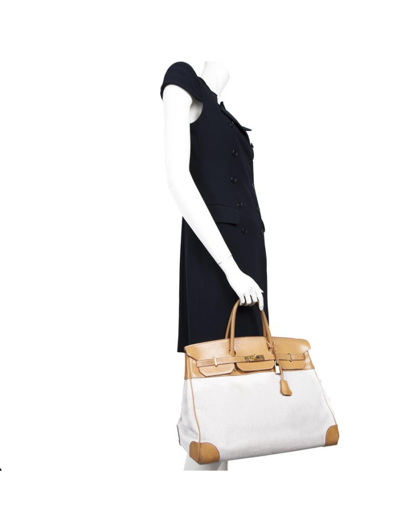 Sac Birkin 40 toile H  et cuir naturel