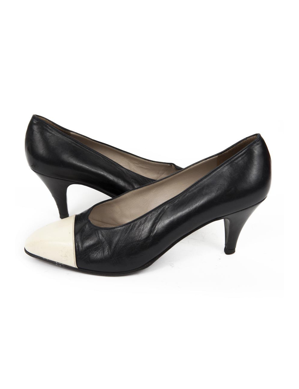 Escarpins CHANEL T 37 cuir bleu marine et écru 