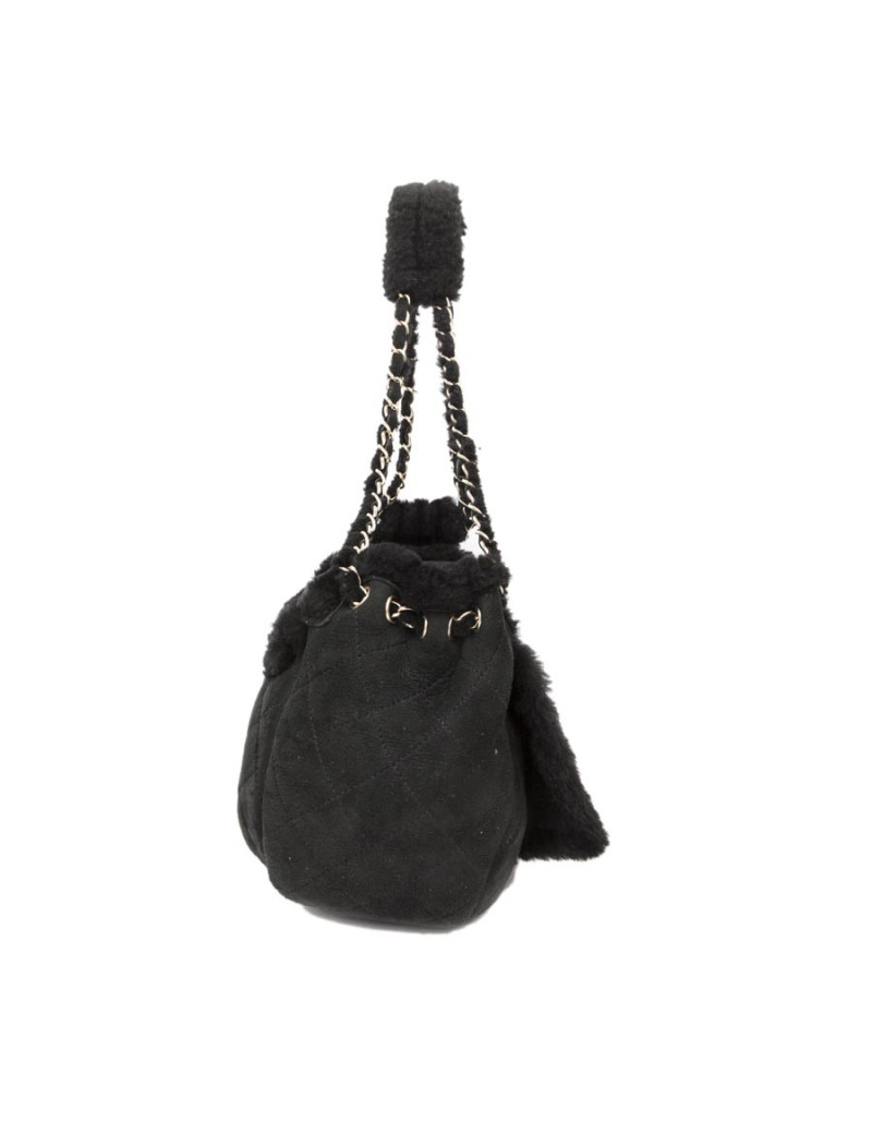 CHANEL black Shearling and golden chain bag 
