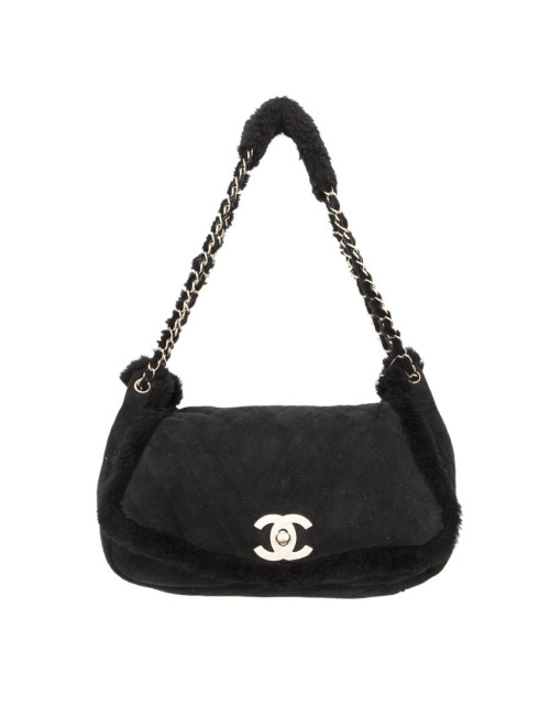 CHANEL black Shearling and golden chain bag 