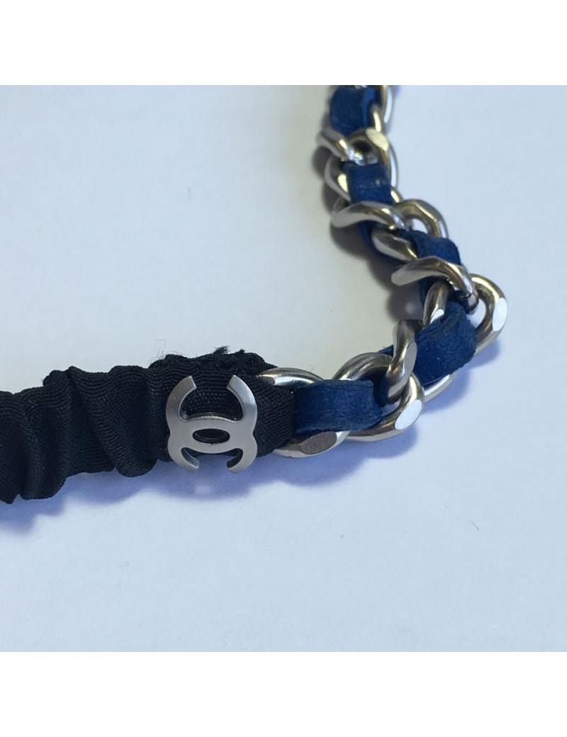 CHANEL headband in silver chain and blue leather