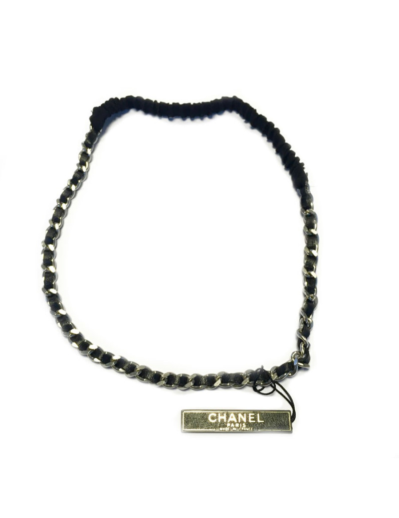 xxx Bijou de tête CHANEL chaîne argentée et cuir noir
