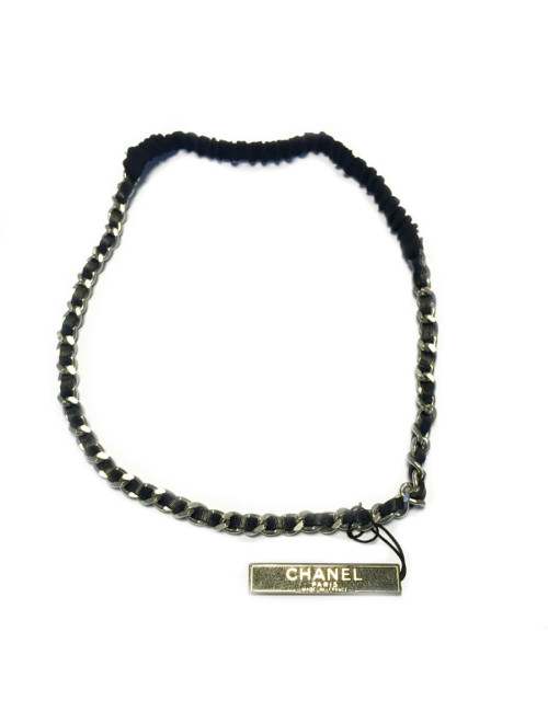 xxx Bijou de tête CHANEL chaîne argentée et cuir noir