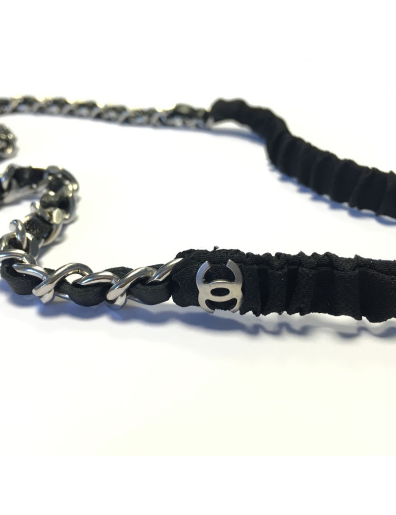 CHANEL black leather and silver chain headband