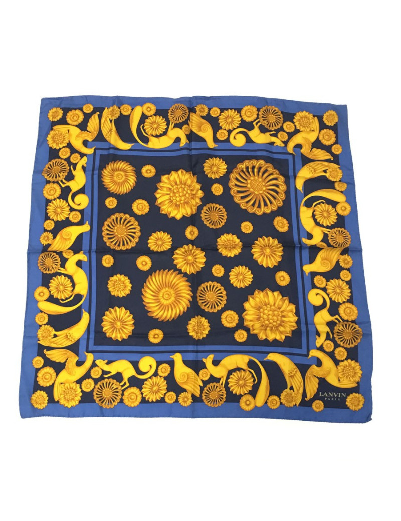 xxx A nettoyer Foulard LANVIN vintage en soie bleu et or