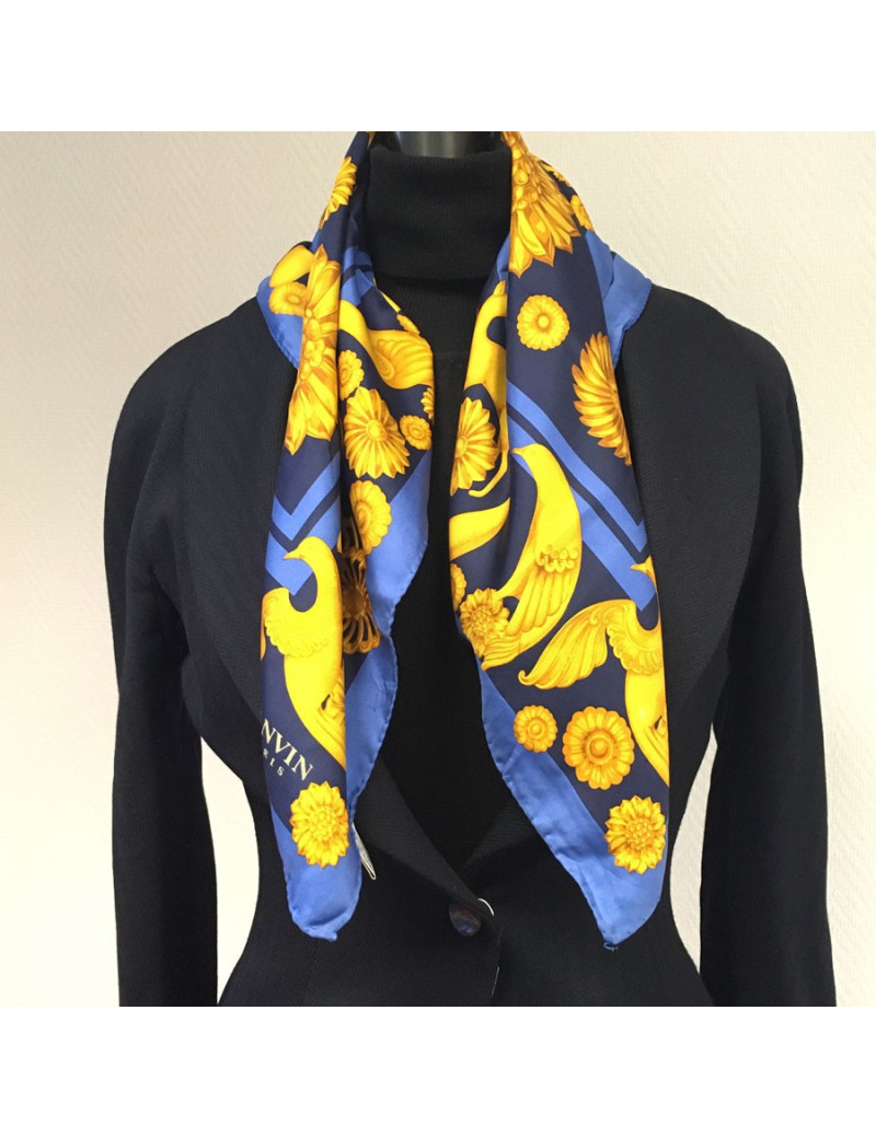 xxx A nettoyer Foulard LANVIN vintage en soie bleu et or