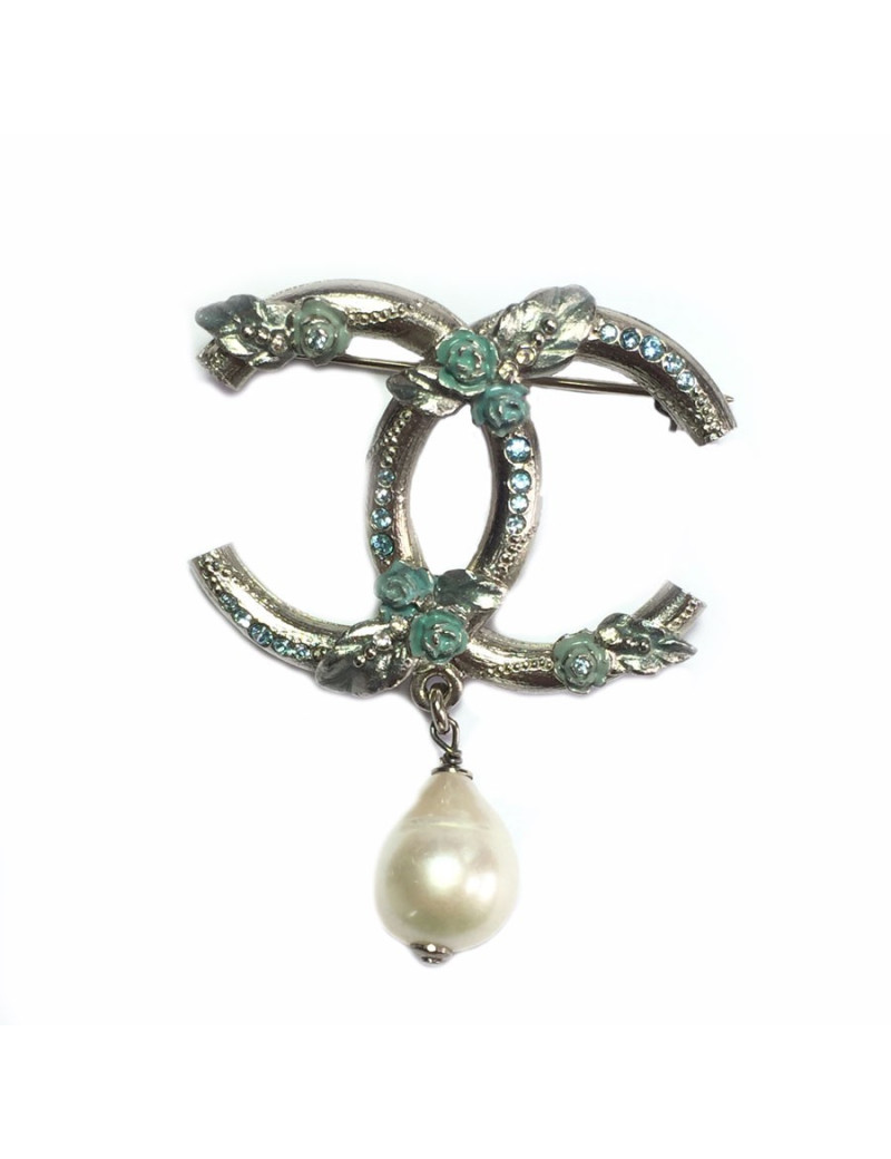 PIN CHANEL in silver, blue enamel, Pearl and rhinestones