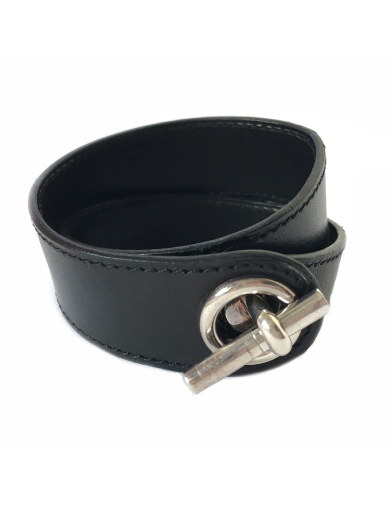Bracelet HERMES en cuir noir et boucle en argent massif