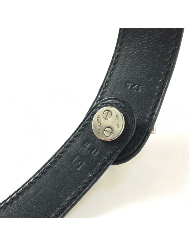 HERMES bracelet in black leather and sterling silver buckle