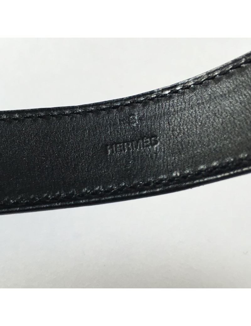 xxx Bracelet HERMES en cuir noir et boucle en argent massif