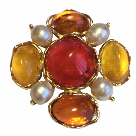 Broche YSL SAINT LAURENT Vintage en métal doré, perles nacrées et résine multicolores