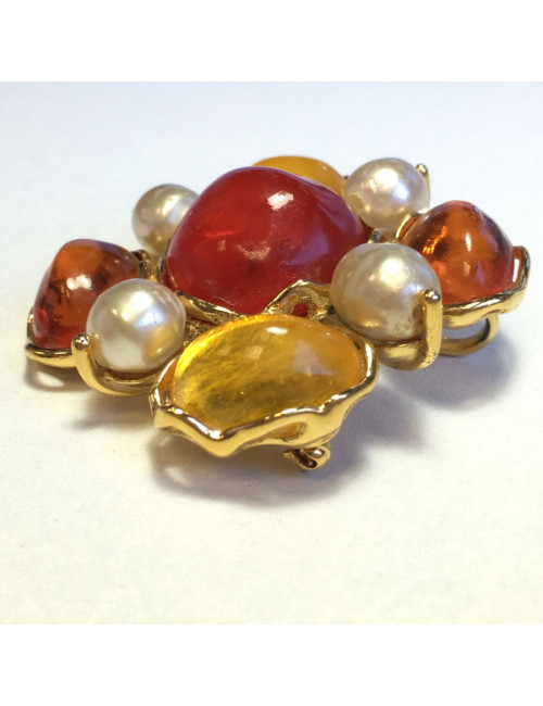 PIN YSL SAINT LAURENT Vintage gold metal, pearly beads and resin multicolor