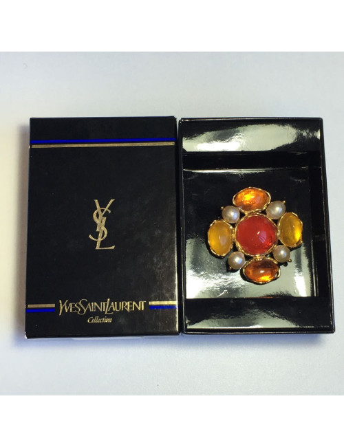 PIN YSL SAINT LAURENT Vintage gold metal, pearly beads and resin multicolor