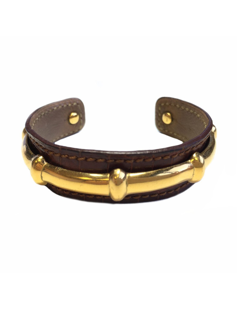 xxx Bracelet HERMES cuir marron et métal doré bambou