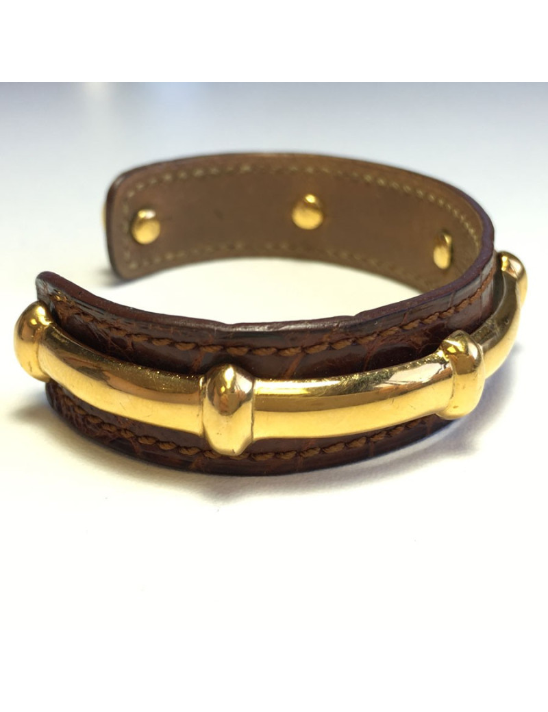 xxx Bracelet HERMES cuir marron et métal doré bambou