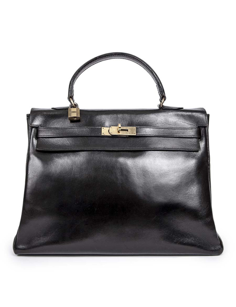 Kelly 35 en cuir box noir Vintage