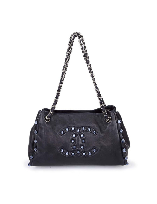 Sac CHANEL cuir lisse bleu marine avec perles