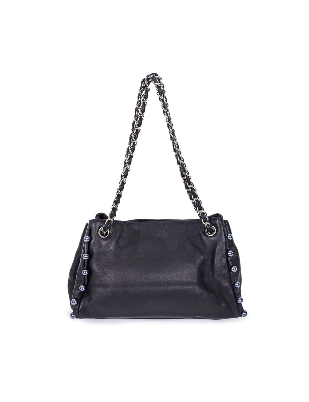 CHANEL leather smooth blue marine with Pearly beads blue electric bag