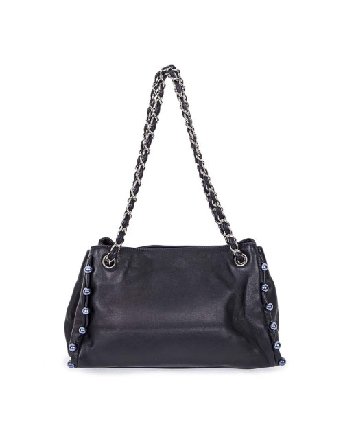 CHANEL leather smooth blue marine with Pearly beads blue electric bag