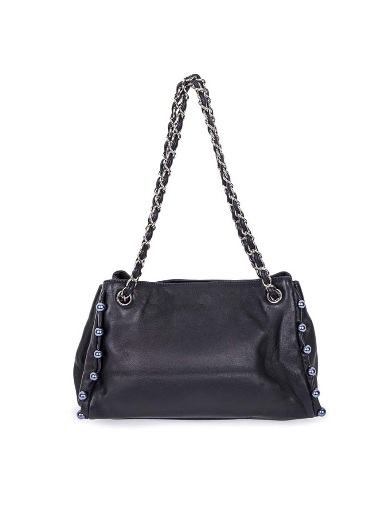 Sac CHANEL cuir lisse bleu marine avec perles