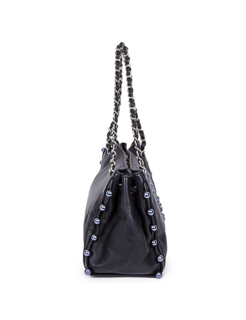 CHANEL leather smooth blue marine with Pearly beads blue electric bag