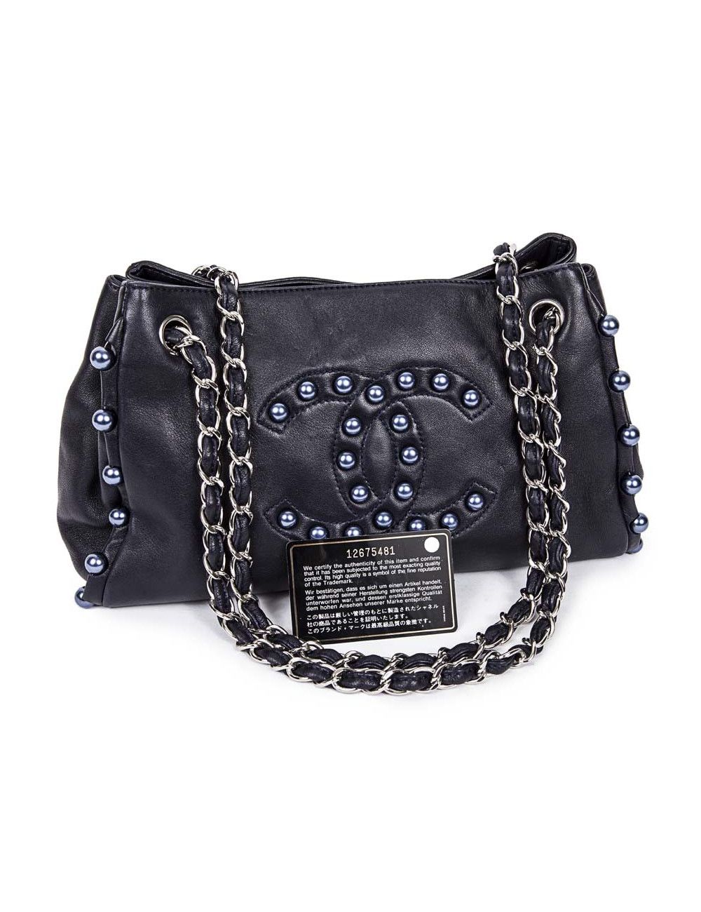 CHANEL leather smooth blue marine with Pearly beads blue electric bag