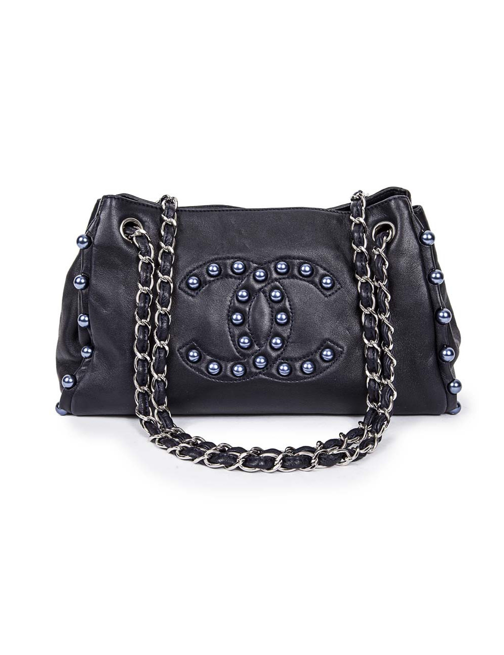 CHANEL leather smooth blue marine with Pearly beads blue electric bag