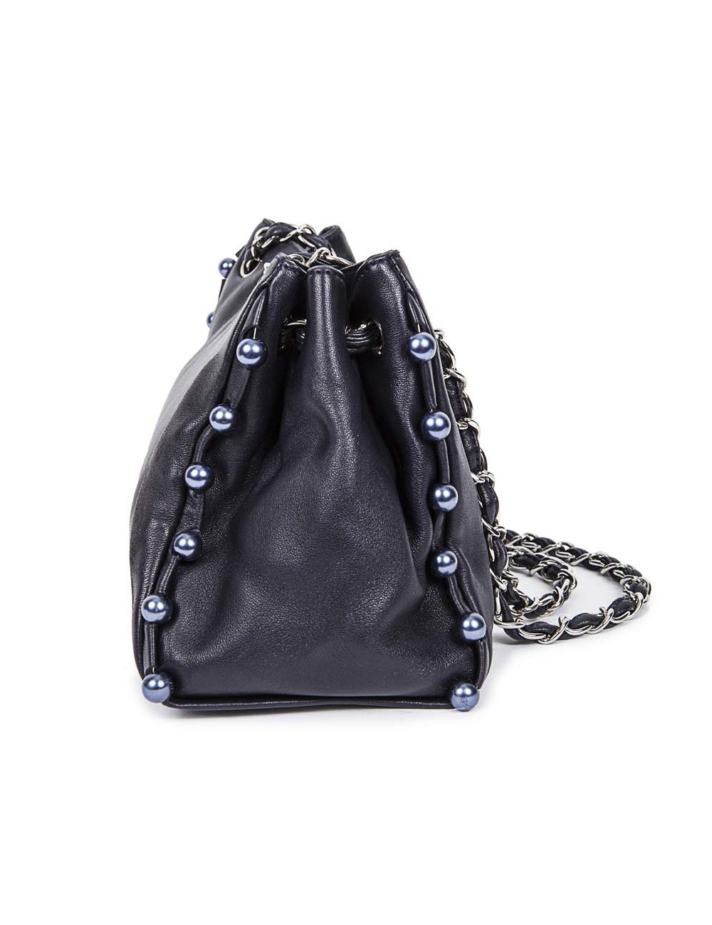 CHANEL leather smooth blue marine with Pearly beads blue electric bag