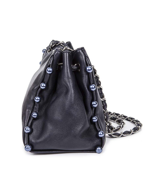CHANEL leather smooth blue marine with Pearly beads blue electric bag