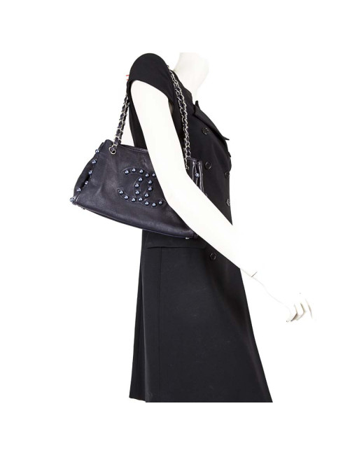 CHANEL leather smooth blue marine with Pearly beads blue electric bag