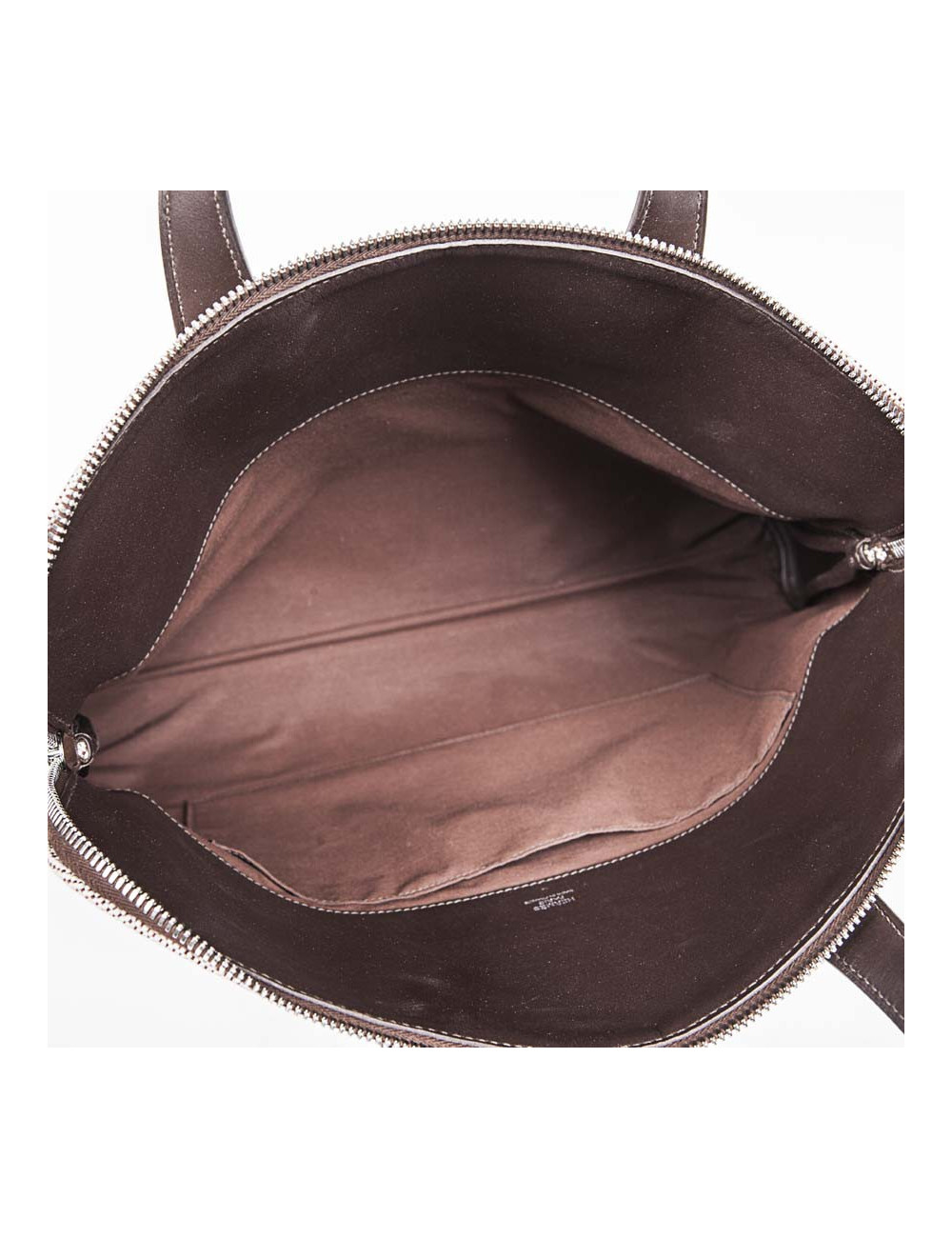 HERMES 'Heeboo' Bag in beige H fabric and brown leather