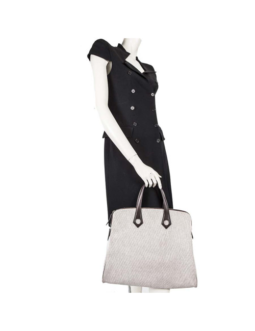 HERMES 'Heeboo' Bag in beige H fabric and brown leather