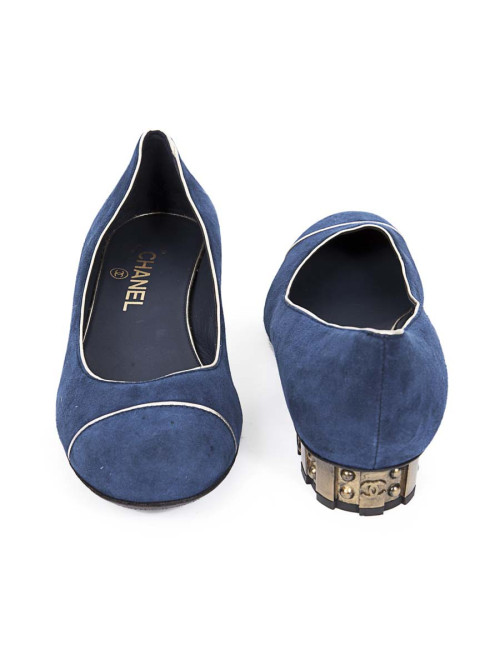 Ballerines CHANEL T 38 veau velours bleu