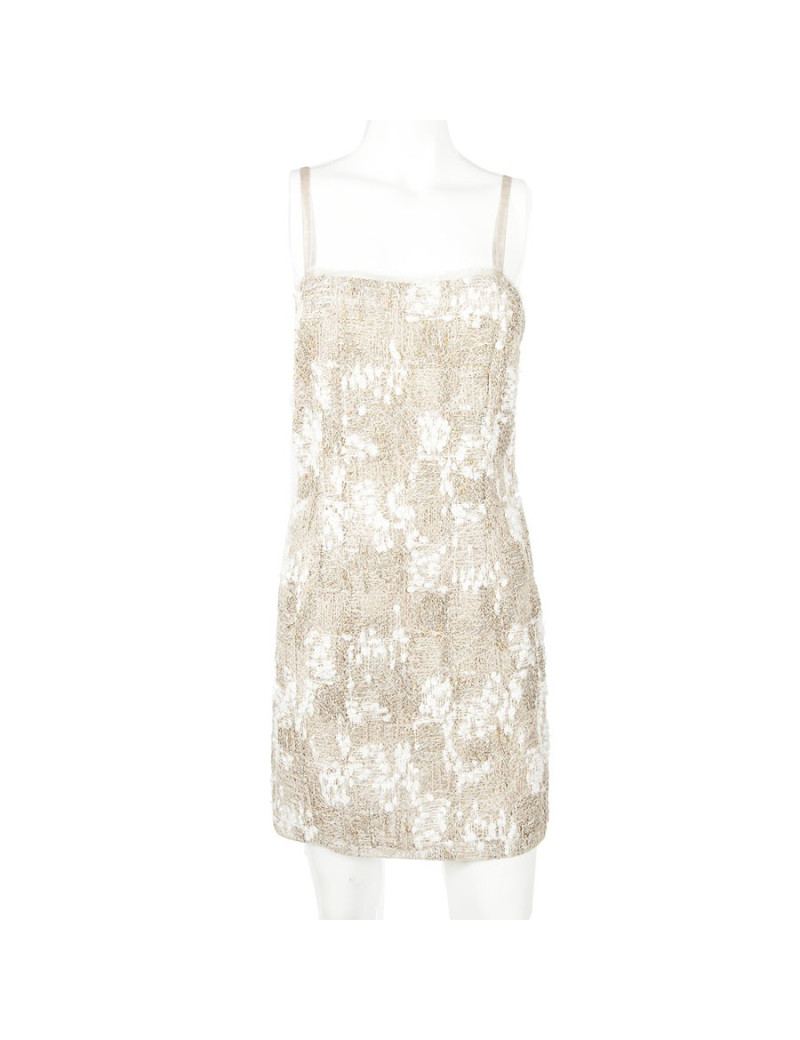 Robe CHANEL T 38 tweed beige et fils d'or et d'argent