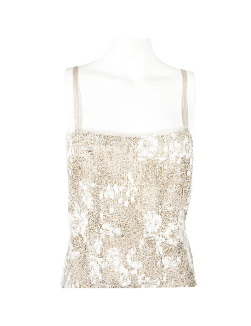 Robe CHANEL T 38 tweed beige et fils d'or et d'argent